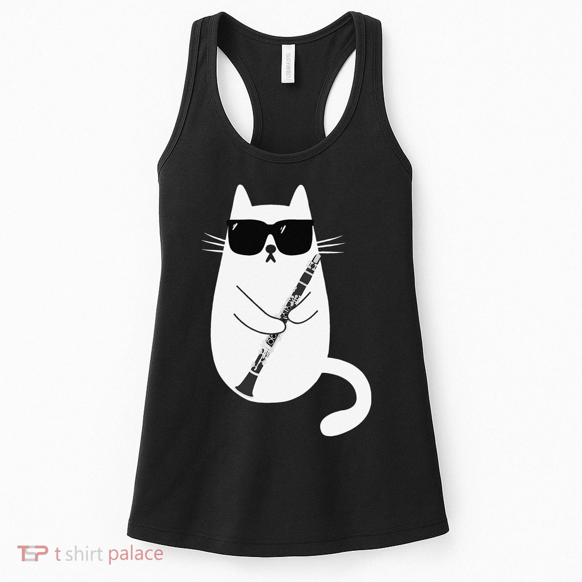 Funny Cat Wearing Sunglasses Playing Clarinet Musician Women's Tank Top