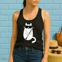 Funny Cat Wearing Sunglasses Playing Clarinet Musician Women's Tank Top thumb 2