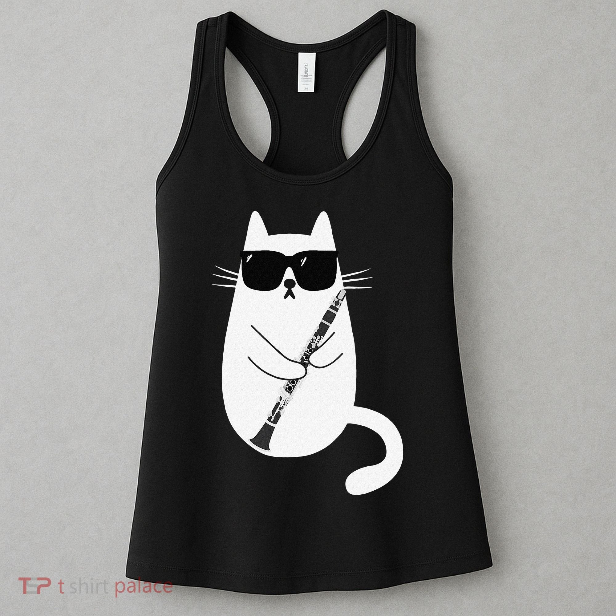 Funny Cat Wearing Sunglasses Playing Clarinet Musician Women's Tank Top