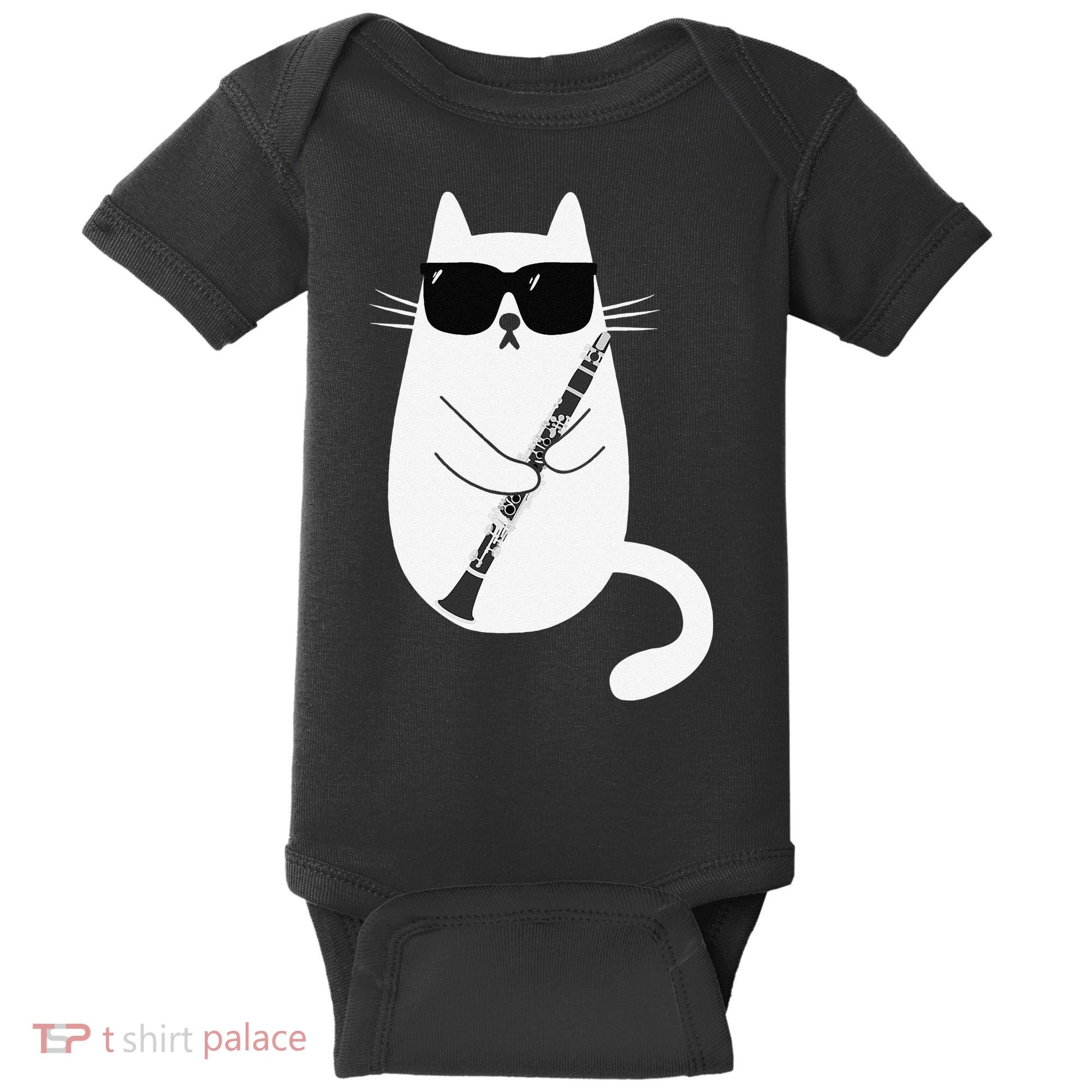 Funny Cat Wearing Sunglasses Playing Clarinet Musician Baby Bodysuit
