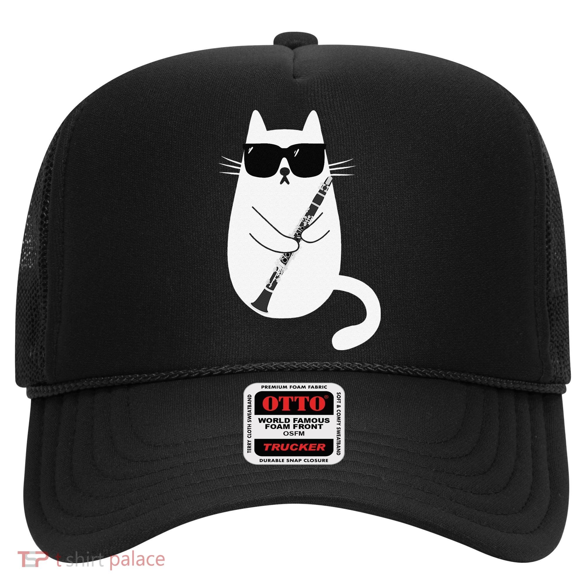 Funny Cat Wearing Sunglasses Playing Clarinet Musician Hat