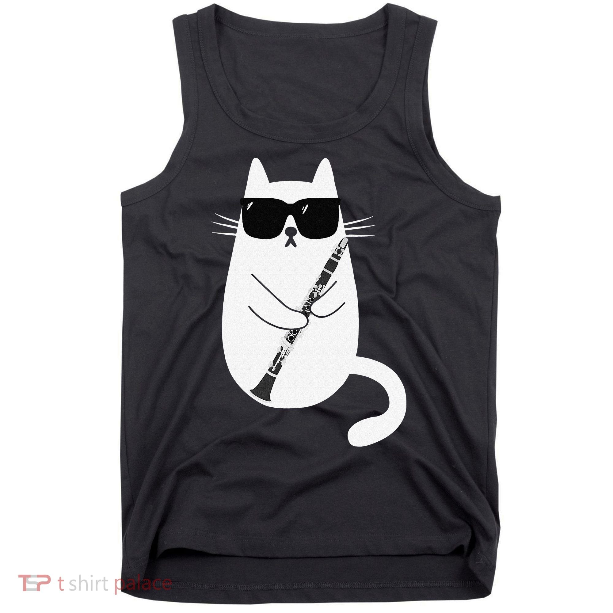 Funny Cat Wearing Sunglasses Playing Clarinet Musician Tank Top