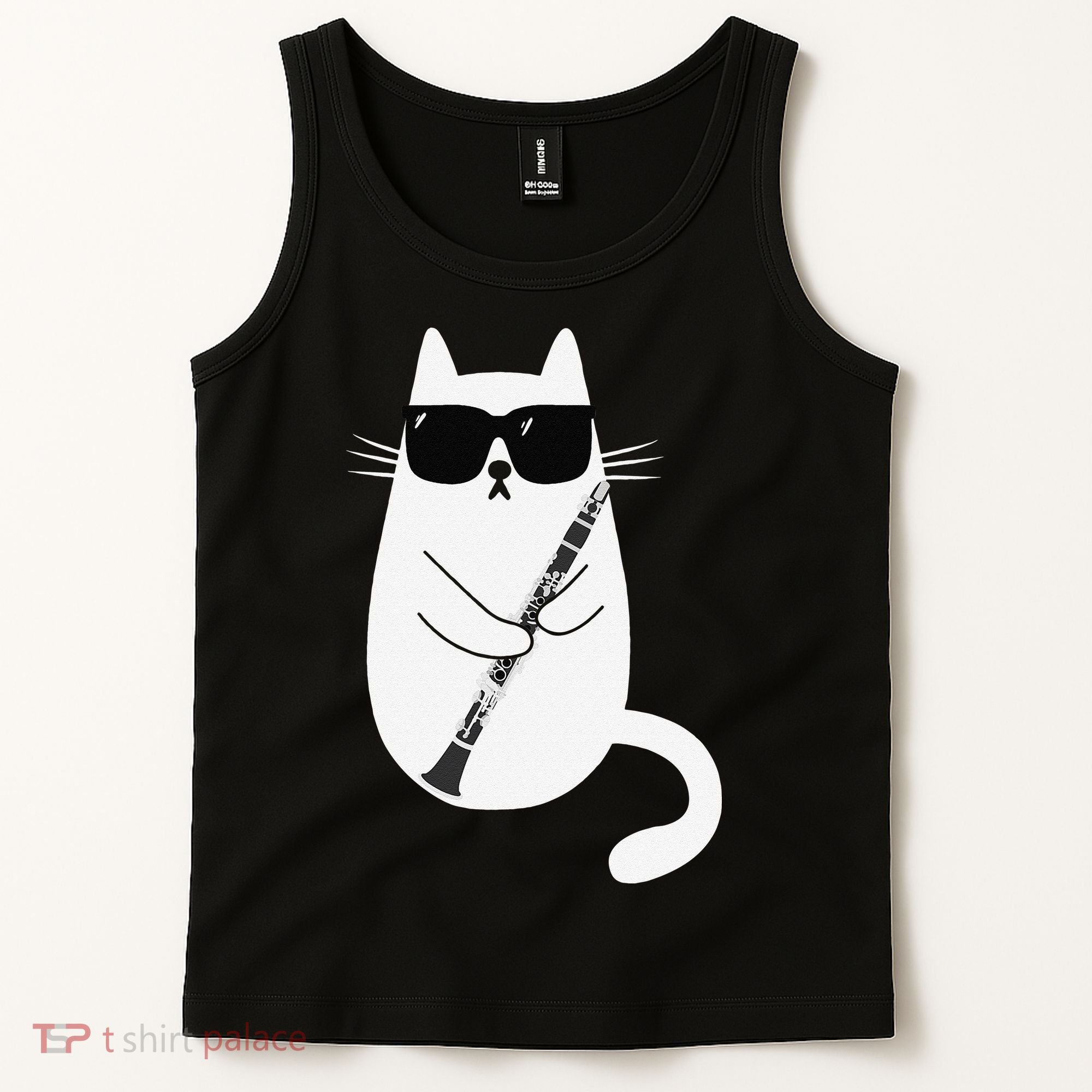 Funny Cat Wearing Sunglasses Playing Clarinet Musician Tank Top