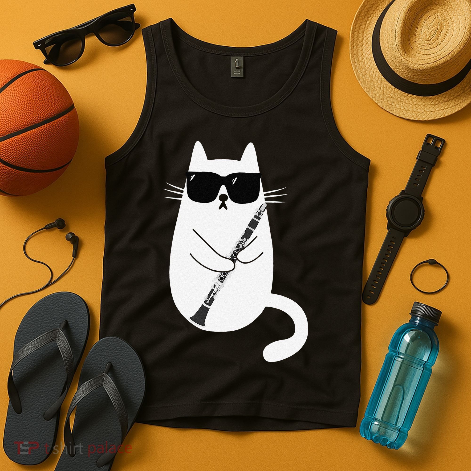 Funny Cat Wearing Sunglasses Playing Clarinet Musician Tank Top