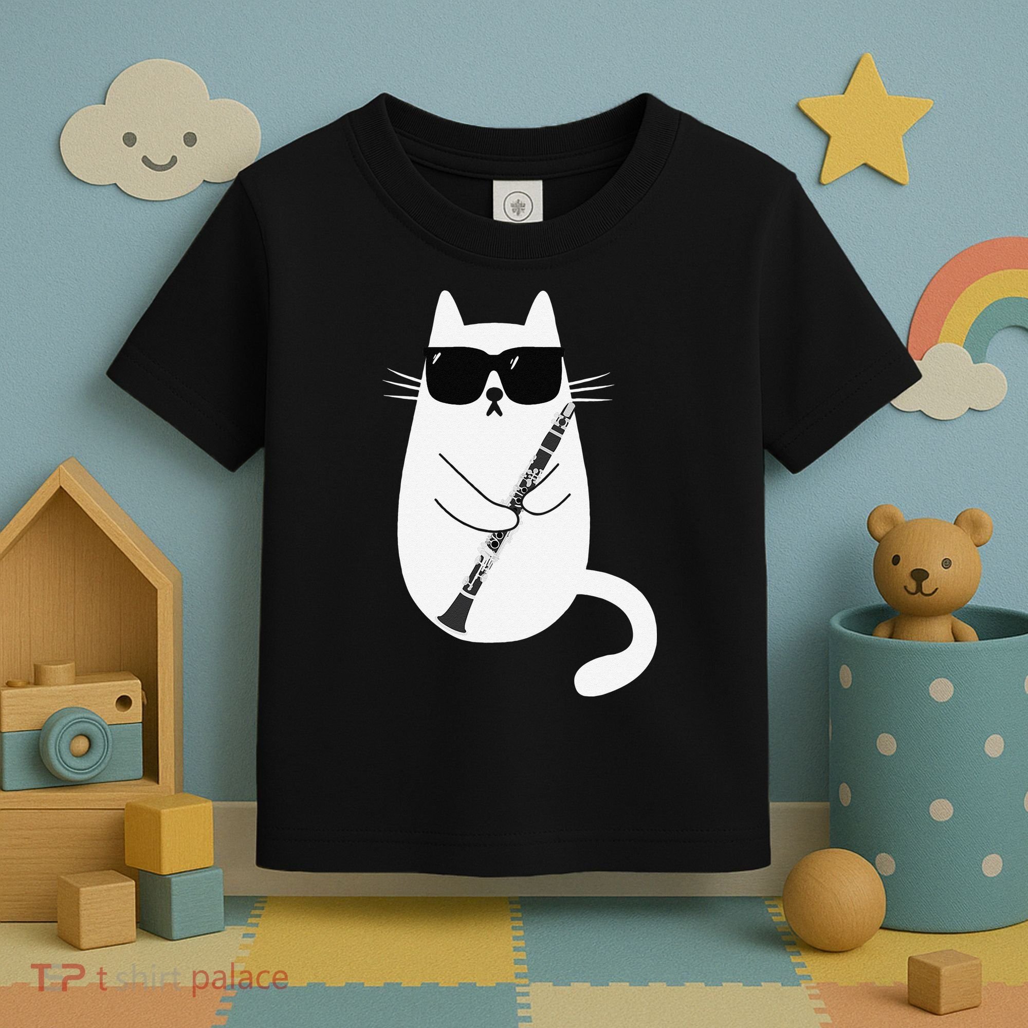 Funny Cat Wearing Sunglasses Playing Clarinet Musician Toddler T-Shirt