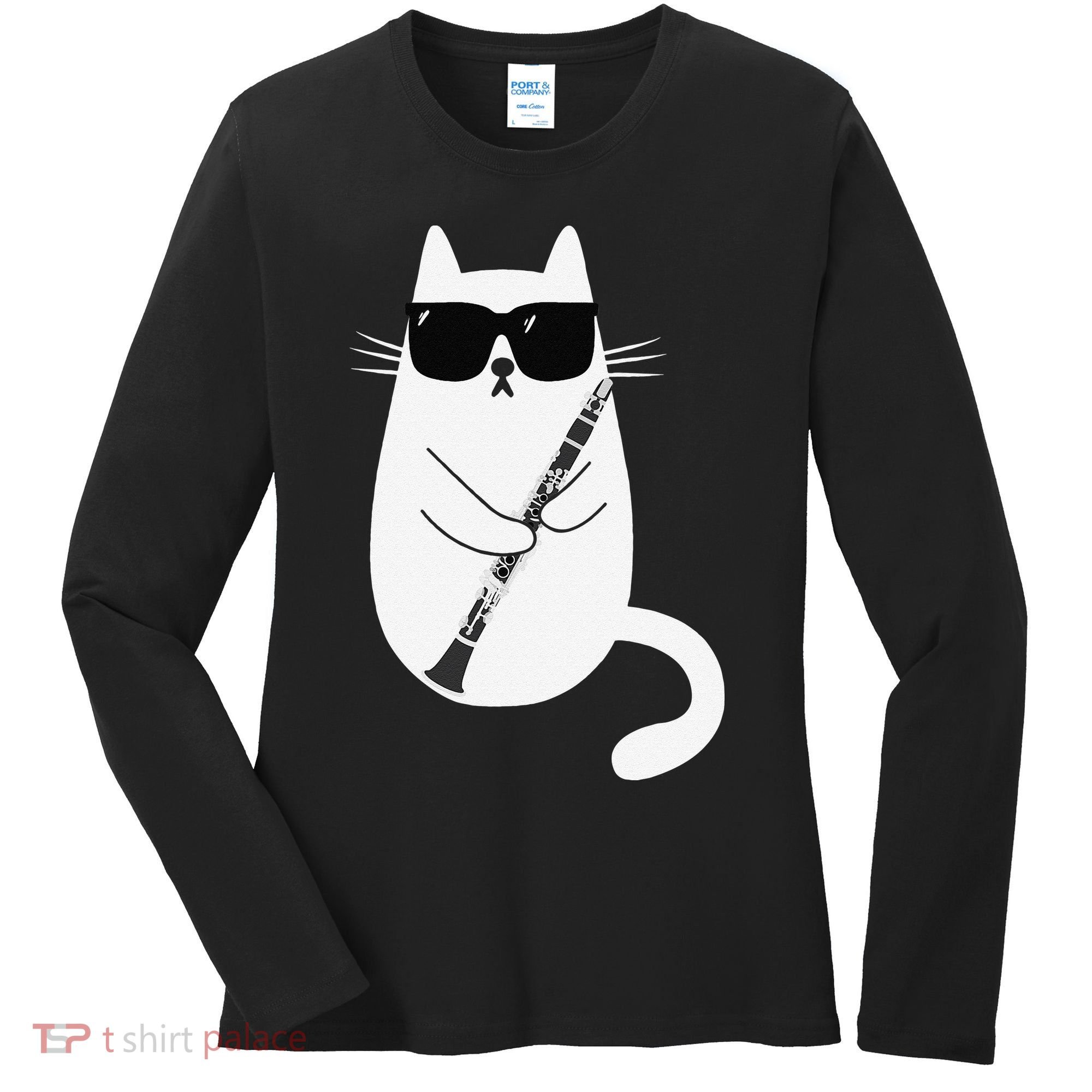 Funny Cat Wearing Sunglasses Playing Clarinet Musician Women's Long Sleeve Shirt