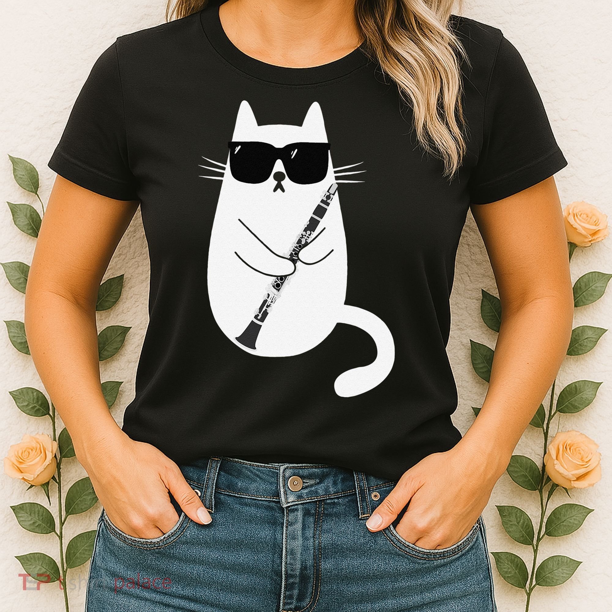 Funny Cat Wearing Sunglasses Playing Clarinet Musician Women's T-Shirt