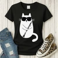 Funny Cat Wearing Sunglasses Playing Clarinet Musician Women's T-Shirt thumb 3