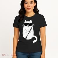 Funny Cat Wearing Sunglasses Playing Clarinet Musician Women's T-Shirt thumb 4