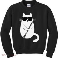 Funny Cat Wearing Sunglasses Playing Clarinet Musician Kids Sweatshirt thumb 0