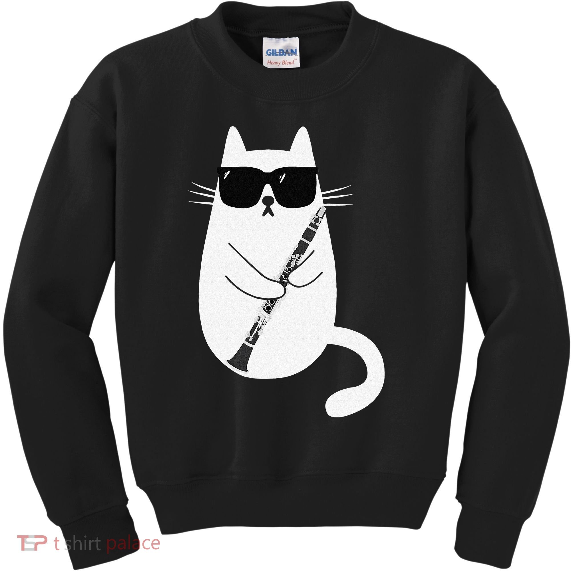 Funny Cat Wearing Sunglasses Playing Clarinet Musician Kids Sweatshirt
