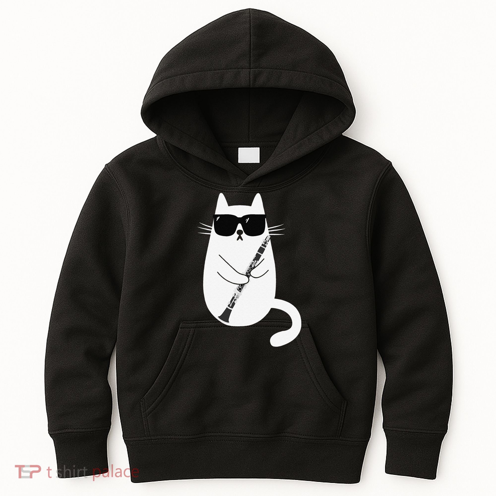 Funny Cat Wearing Sunglasses Playing Clarinet Musician Kids Hoodie