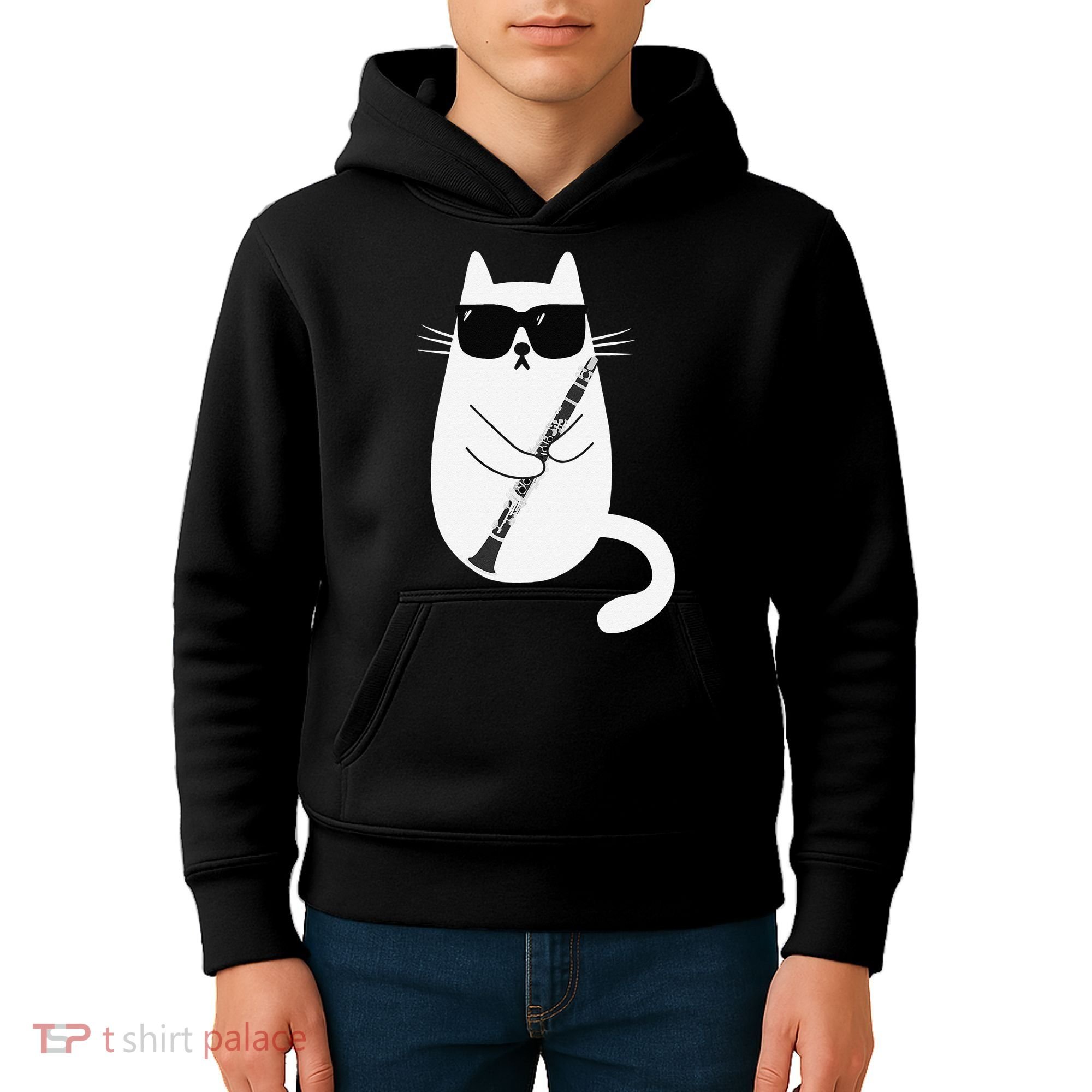 Funny Cat Wearing Sunglasses Playing Clarinet Musician Kids Hoodie