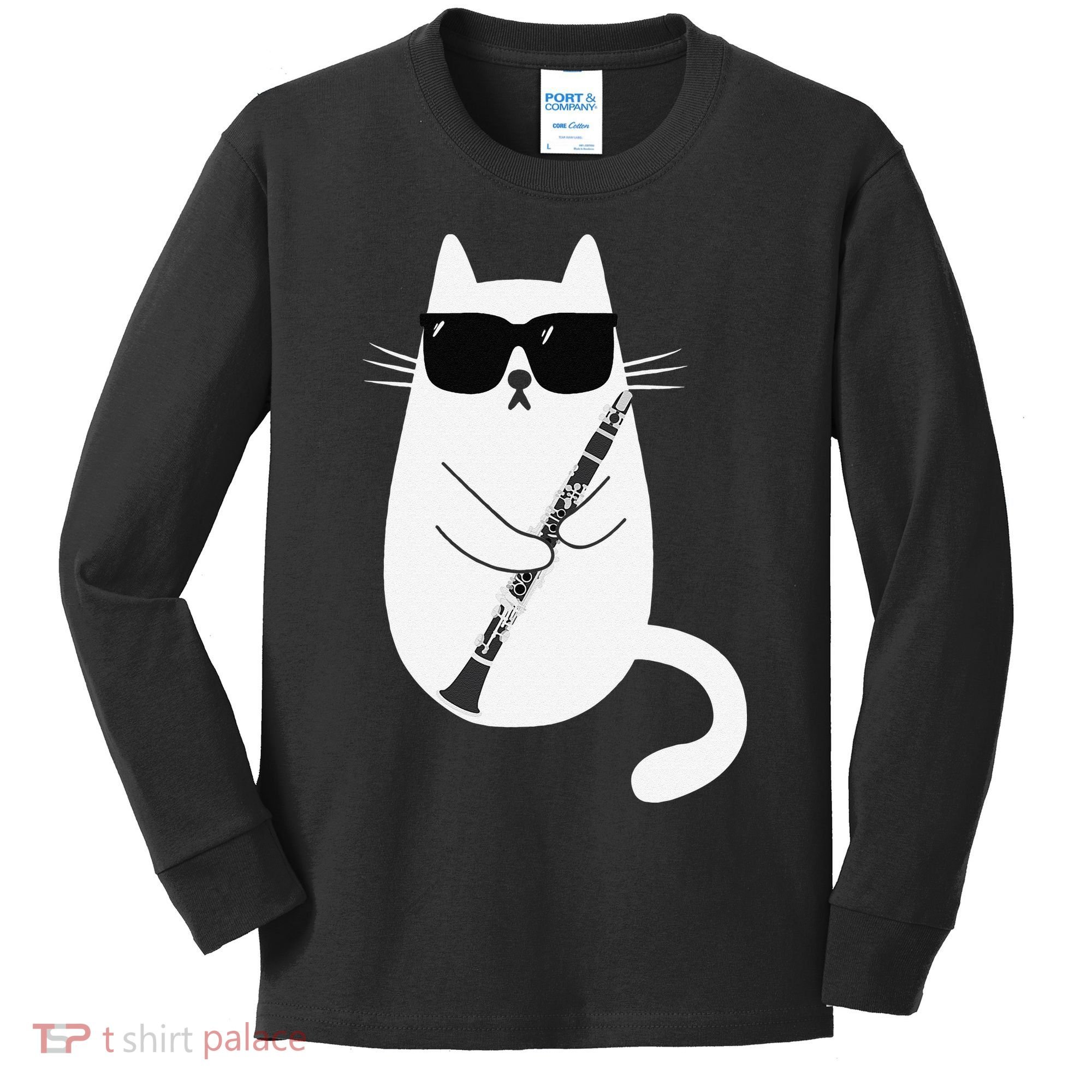 Funny Cat Wearing Sunglasses Playing Clarinet Musician Kids Long Sleeve Shirt