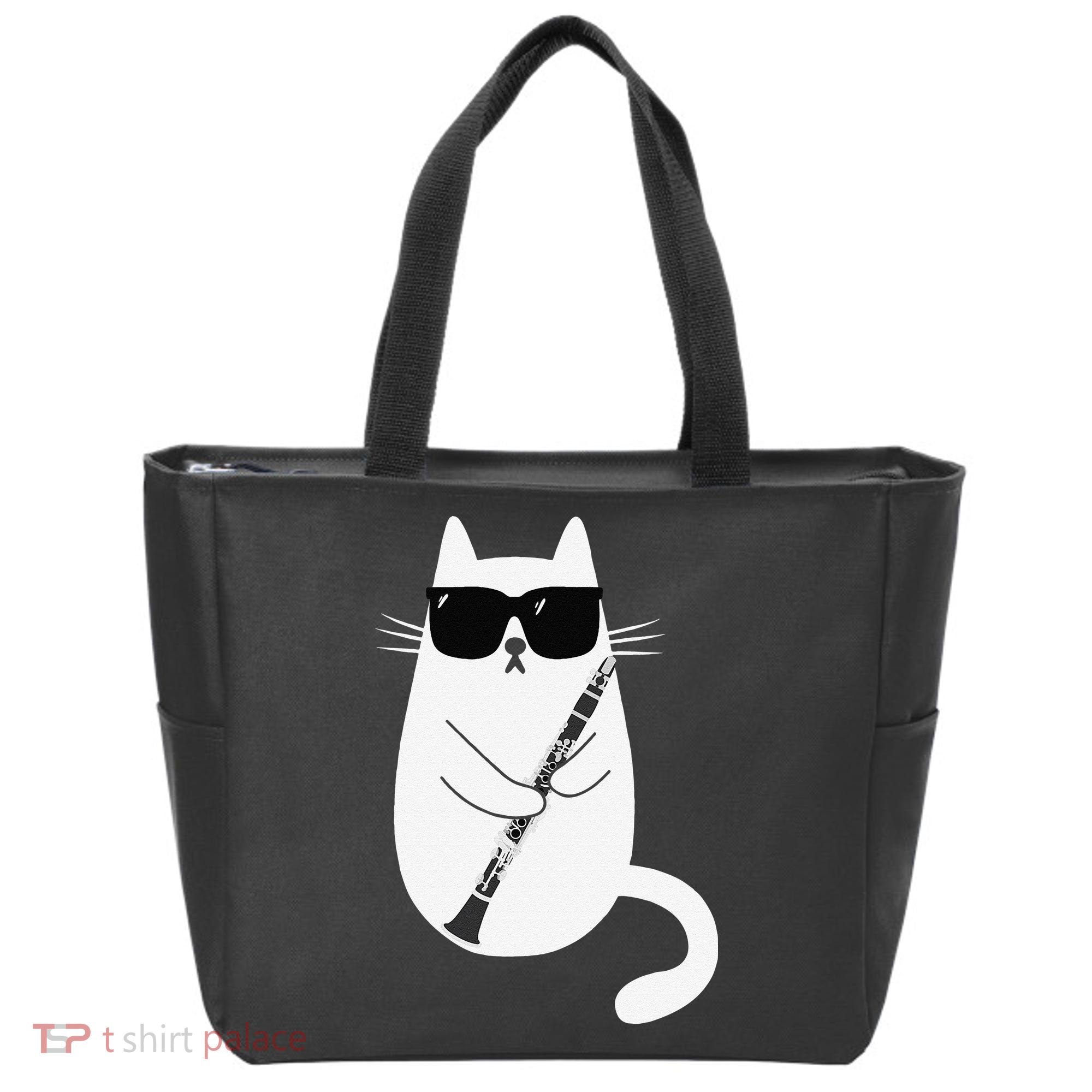 Funny Cat Wearing Sunglasses Playing Clarinet Musician Tote Bag