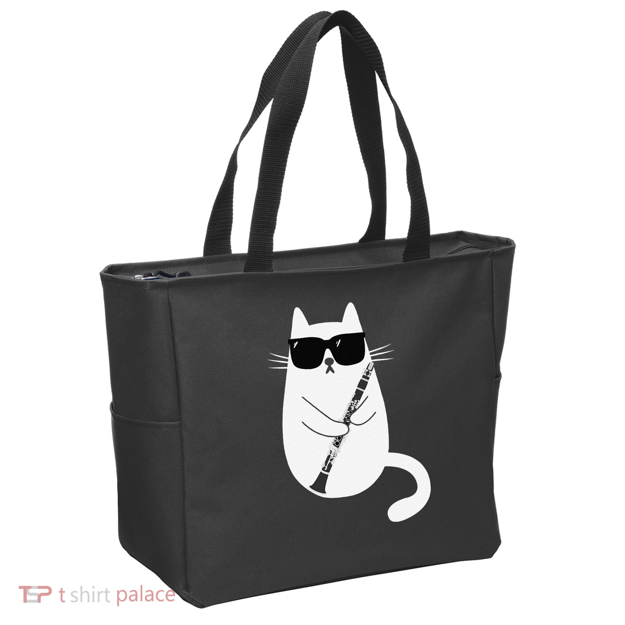 Funny Cat Wearing Sunglasses Playing Clarinet Musician Tote Bag
