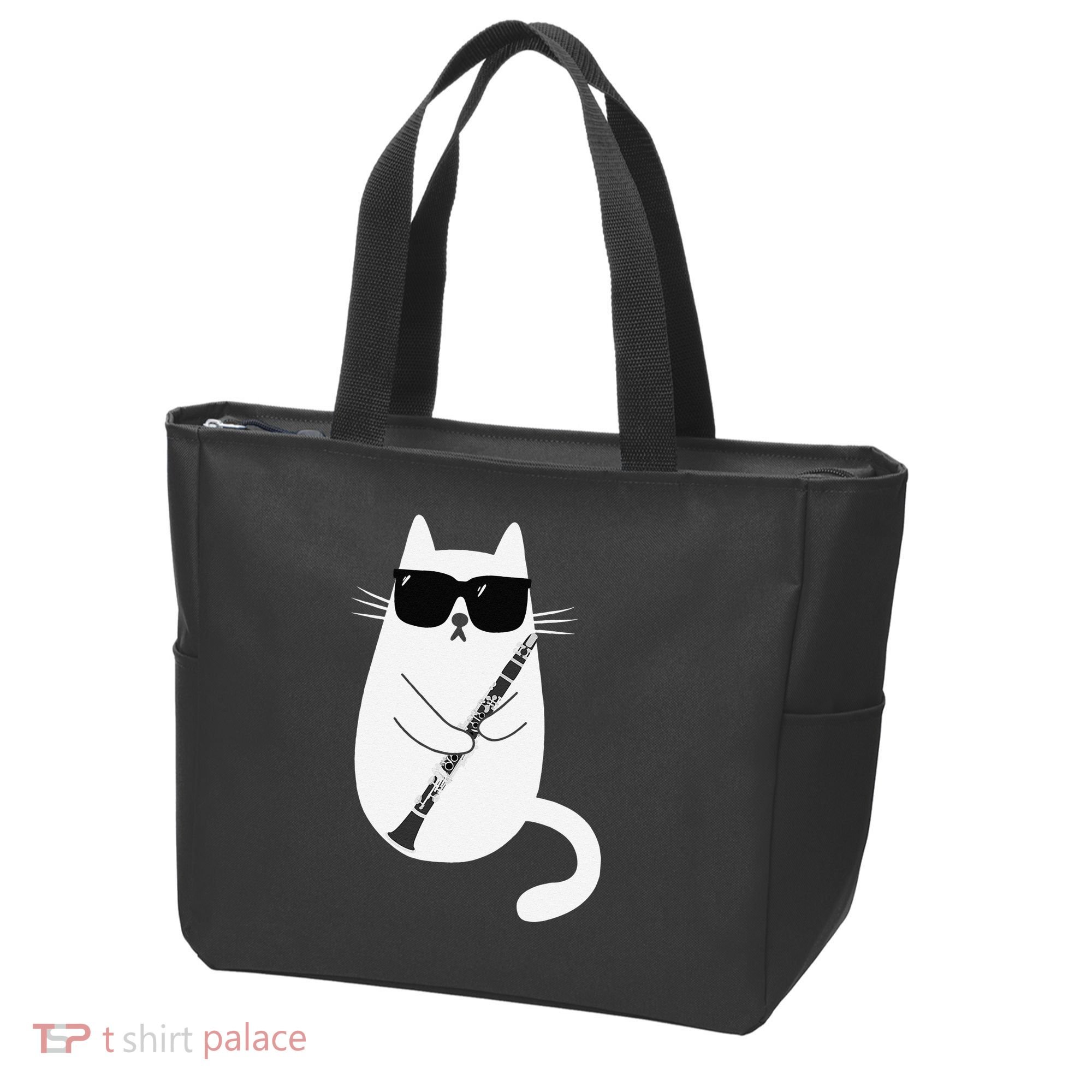 Funny Cat Wearing Sunglasses Playing Clarinet Musician Tote Bag
