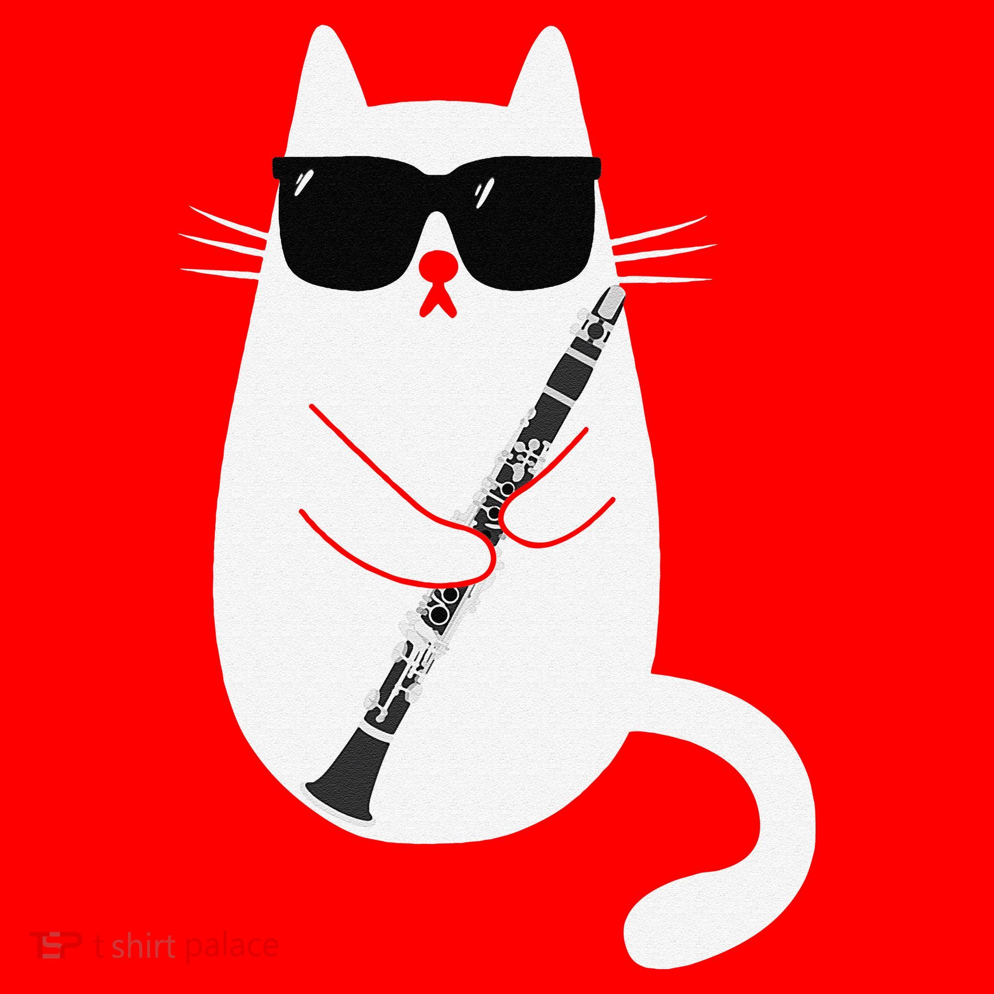 Funny Cat Wearing Sunglasses Playing Clarinet Musician Santa Hat