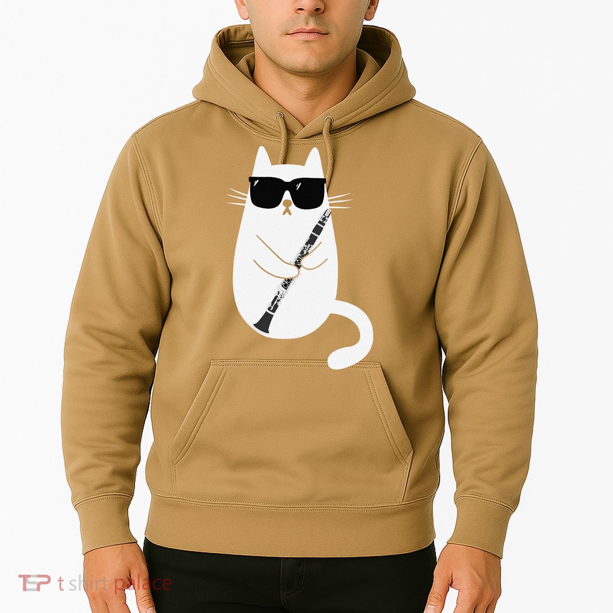Funny Cat Wearing Sunglasses Playing Clarinet Musician Hoodie