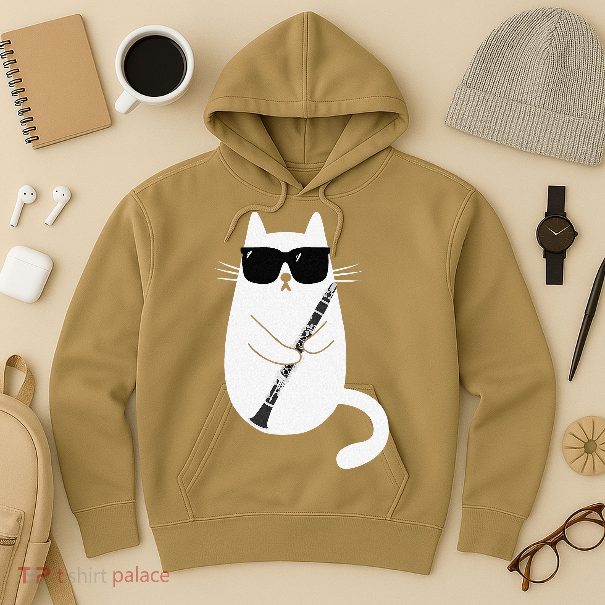 Funny Cat Wearing Sunglasses Playing Clarinet Musician Hoodie