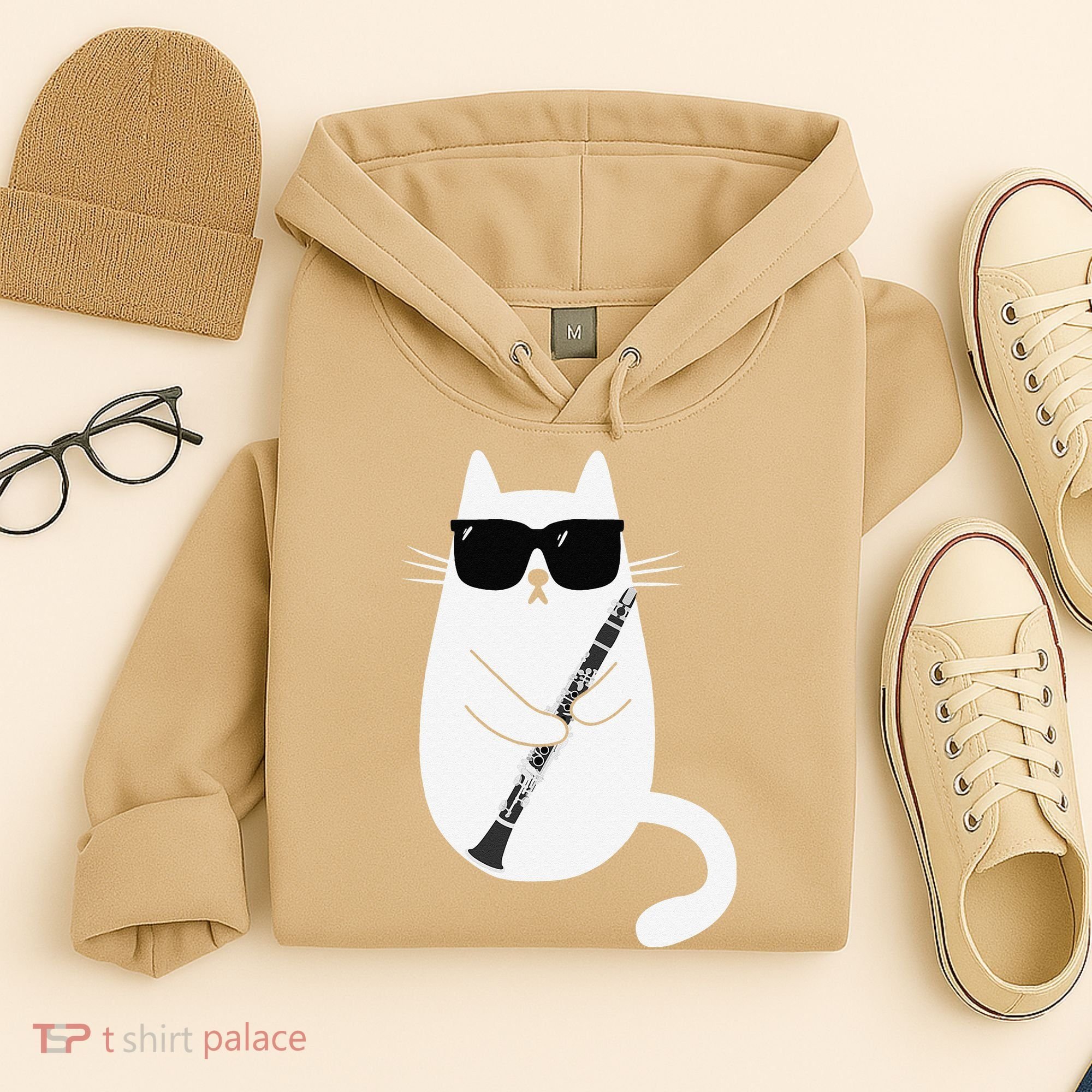 Funny Cat Wearing Sunglasses Playing Clarinet Musician Hoodie