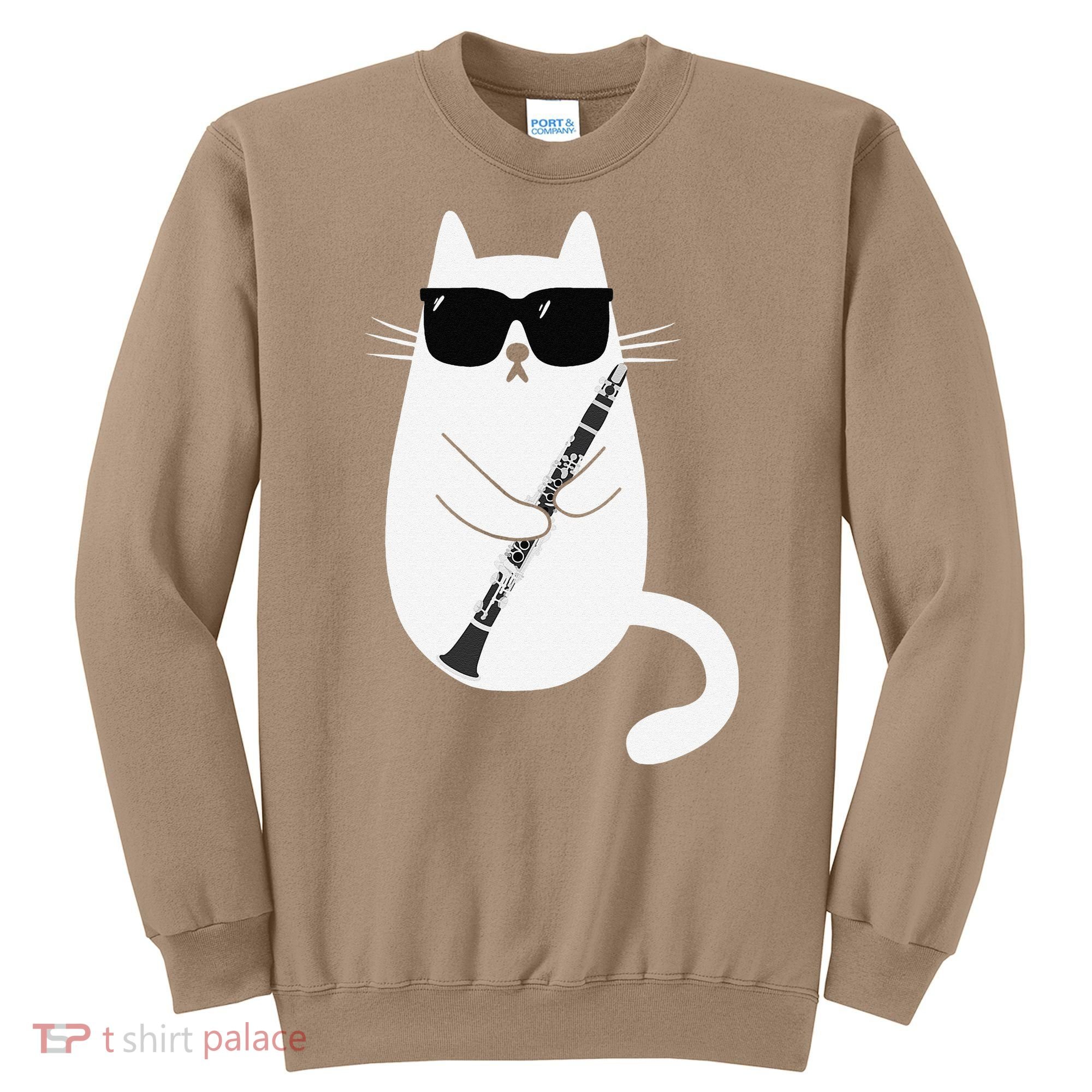Funny Cat Wearing Sunglasses Playing Clarinet Musician Sweatshirt
