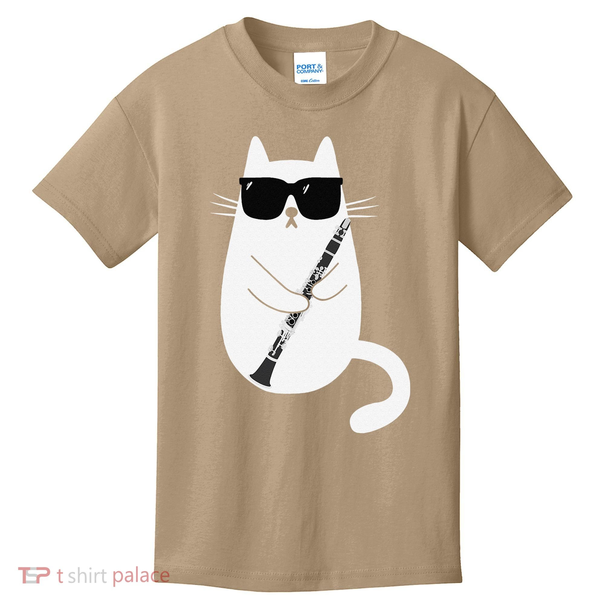 Funny Cat Wearing Sunglasses Playing Clarinet Musician Kids T-Shirt