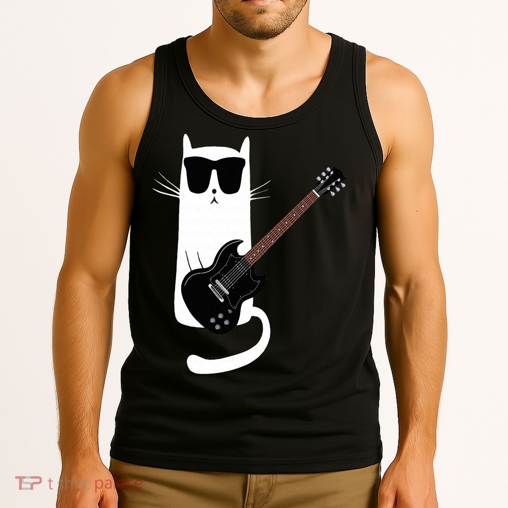 Funny Cat Wearing Sunglasses Playing Electric Guitar Tank Top