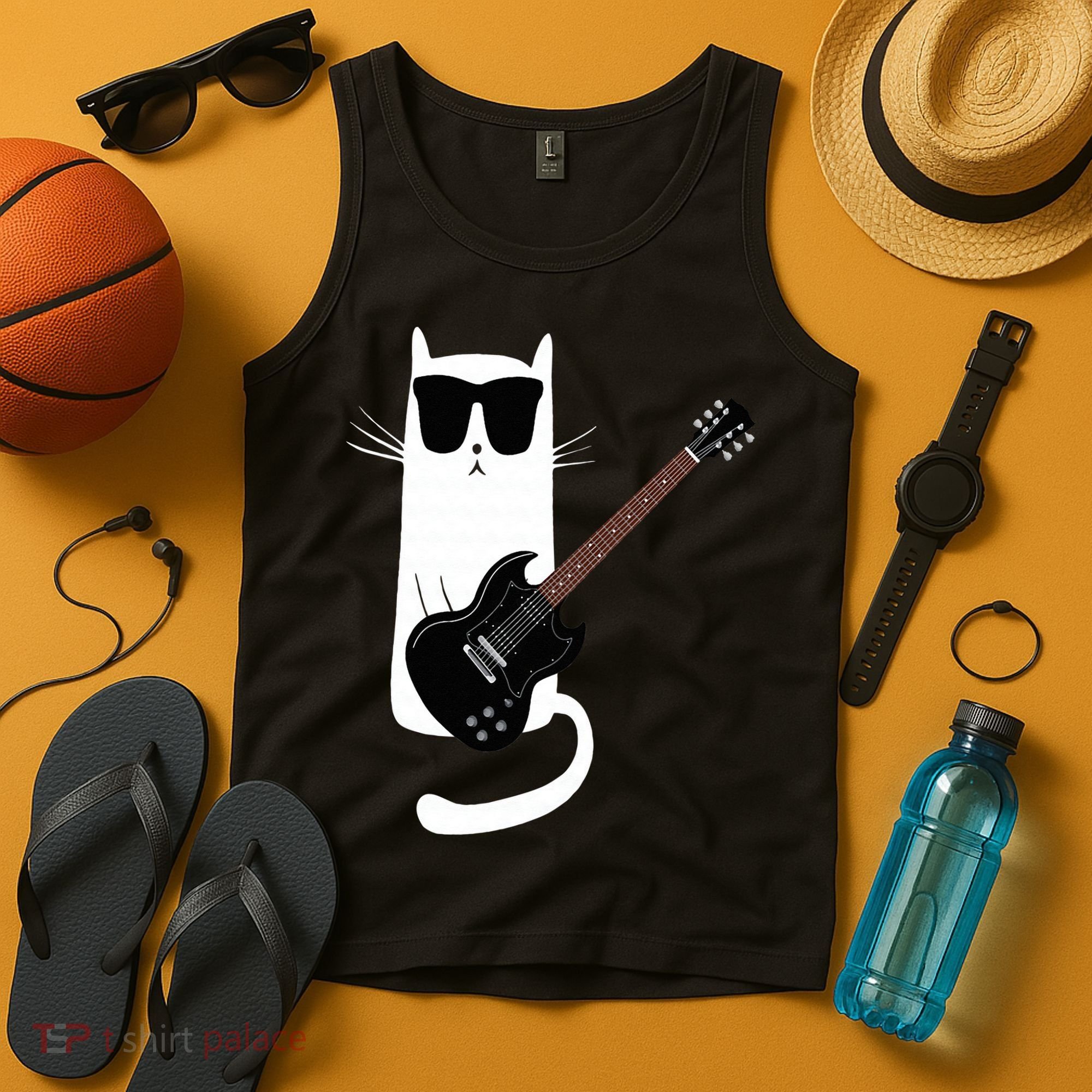 Funny Cat Wearing Sunglasses Playing Electric Guitar Tank Top