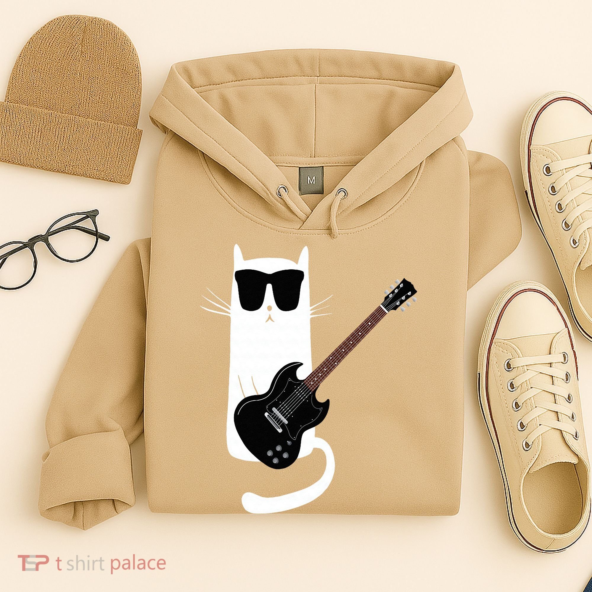 Funny Cat Wearing Sunglasses Playing Electric Guitar Hoodie