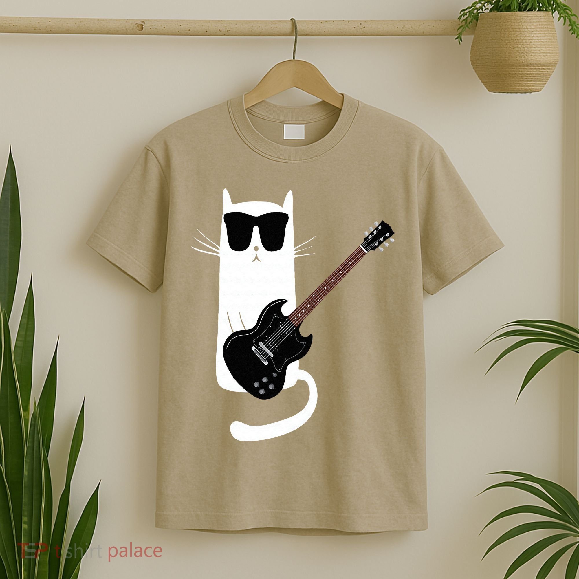 Funny Cat Wearing Sunglasses Playing Electric Guitar T-Shirt