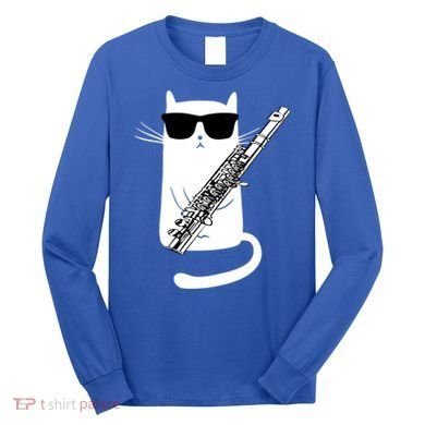 Funny Cat Wearing Sunglasses Playing Flute Great Gift Long Sleeve Shirt