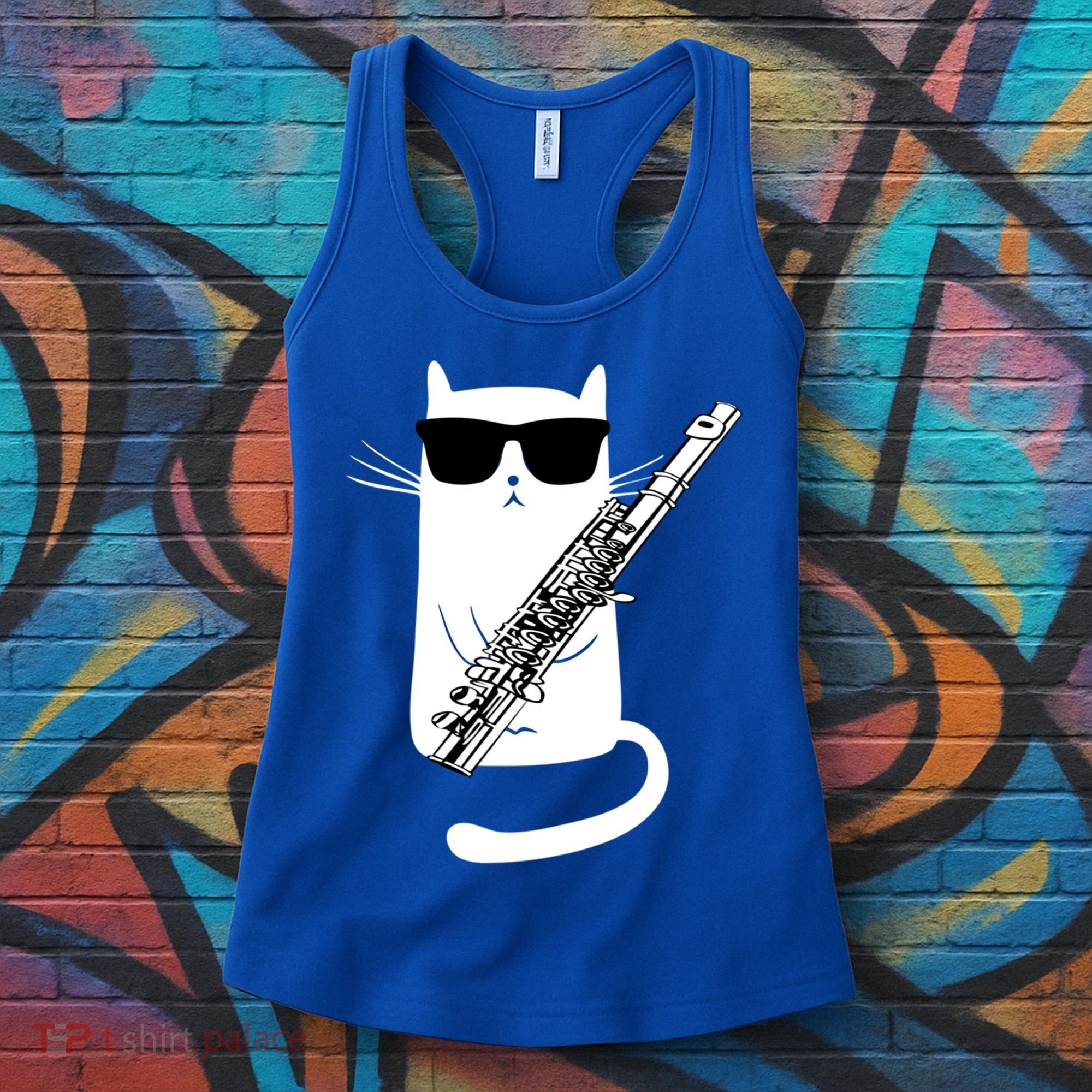 Funny Cat Wearing Sunglasses Playing Flute Great Gift Women's Tank Top