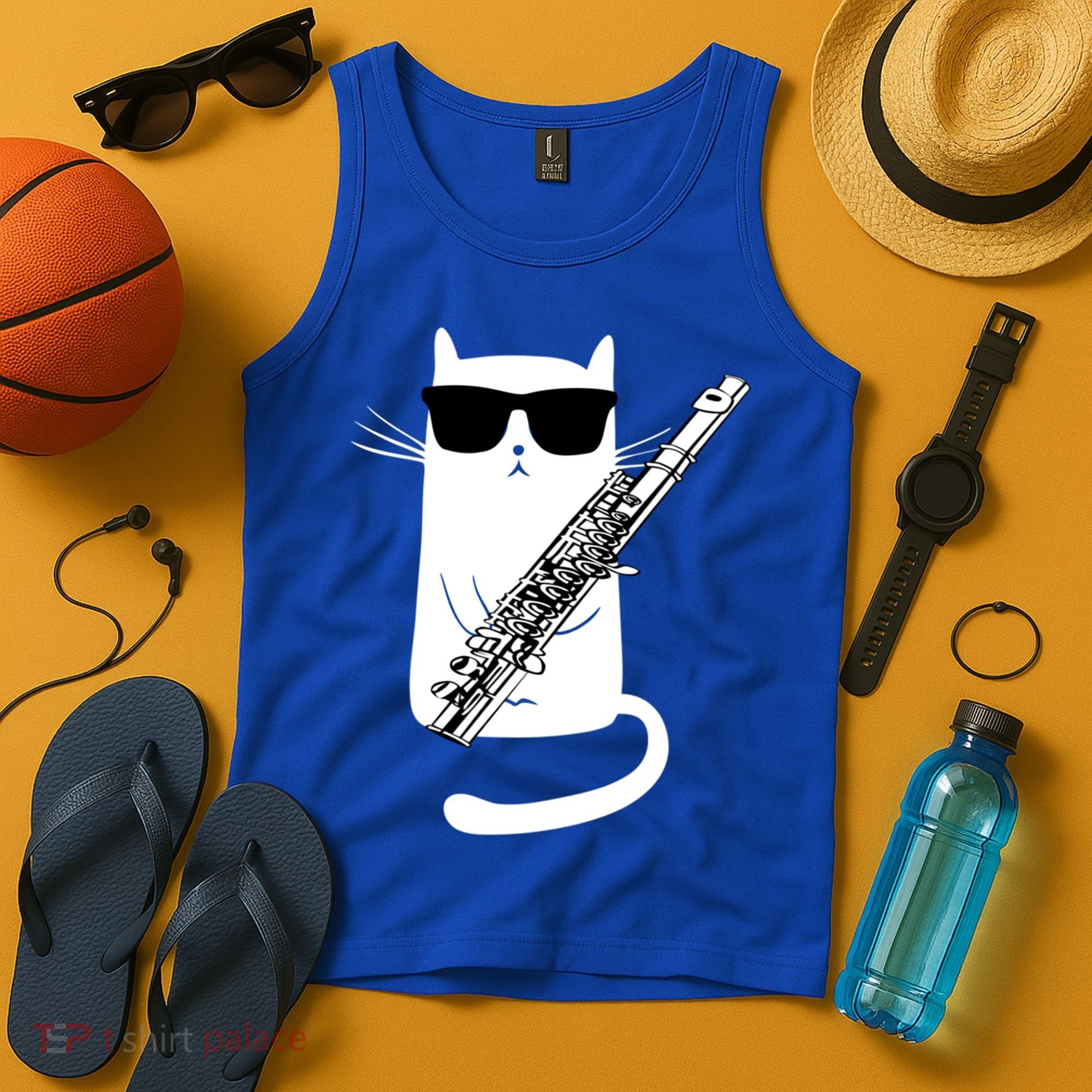 Funny Cat Wearing Sunglasses Playing Flute Great Gift Tank Top