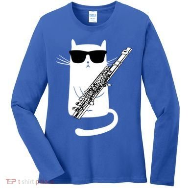 Funny Cat Wearing Sunglasses Playing Flute Great Gift Women's Long Sleeve Shirt