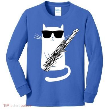 Funny Cat Wearing Sunglasses Playing Flute Great Gift Kids Long Sleeve Shirt
