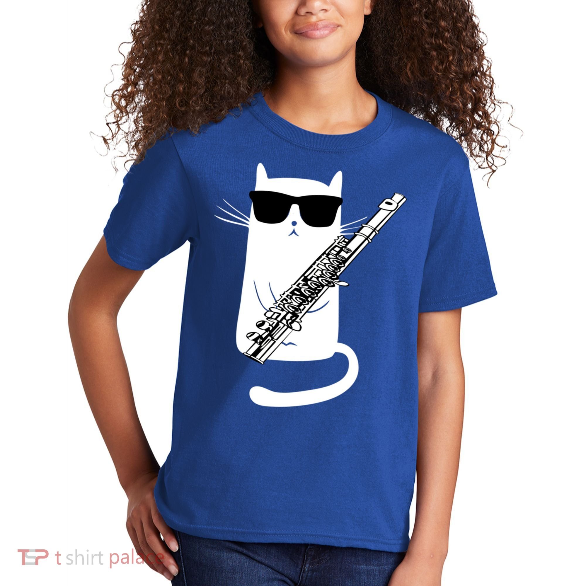 Funny Cat Wearing Sunglasses Playing Flute Great Gift Kids T-Shirt