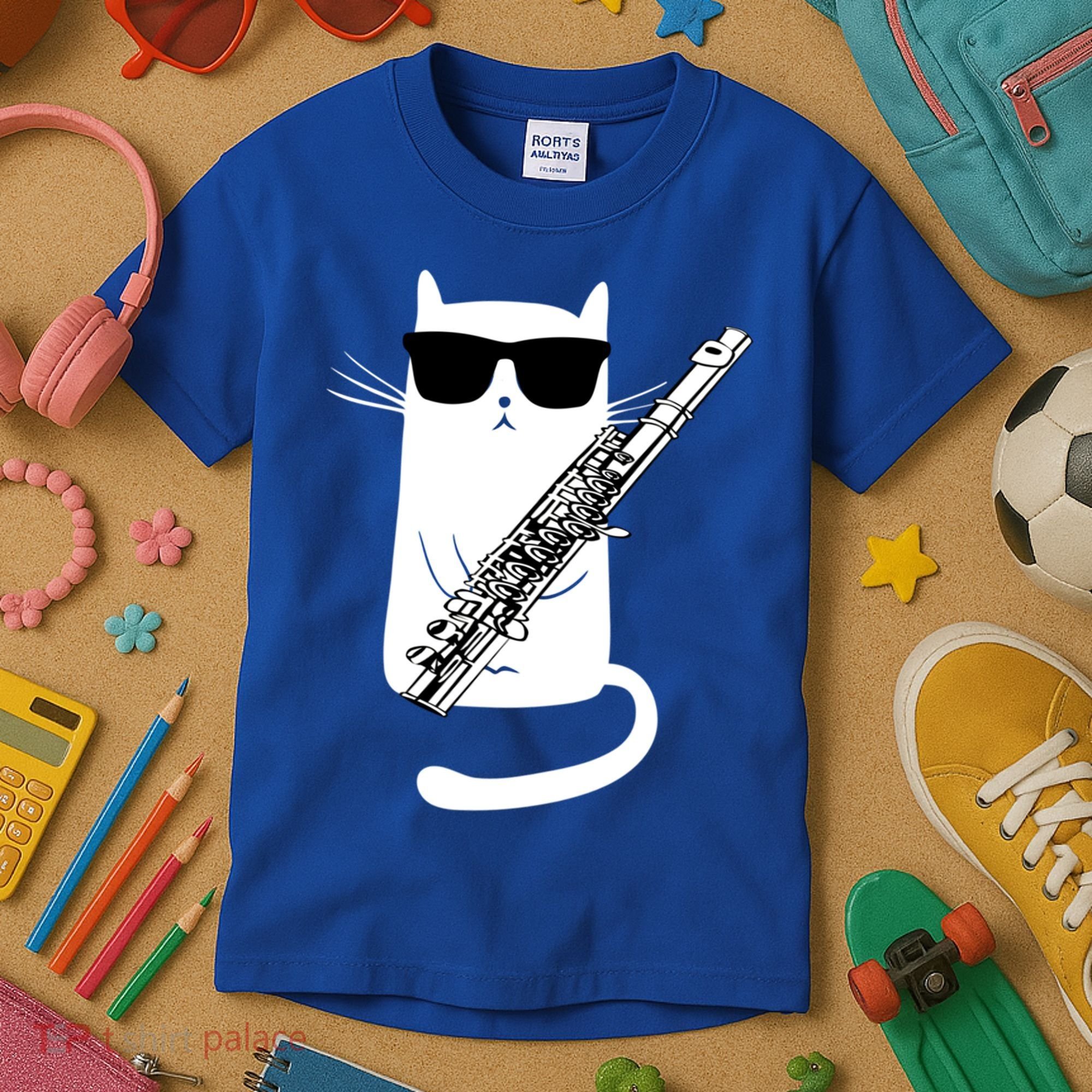 Funny Cat Wearing Sunglasses Playing Flute Great Gift Kids T-Shirt