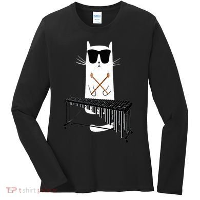 Funny Cat Wearing Sunglasses Playing Marimba Women's Long Sleeve Shirt