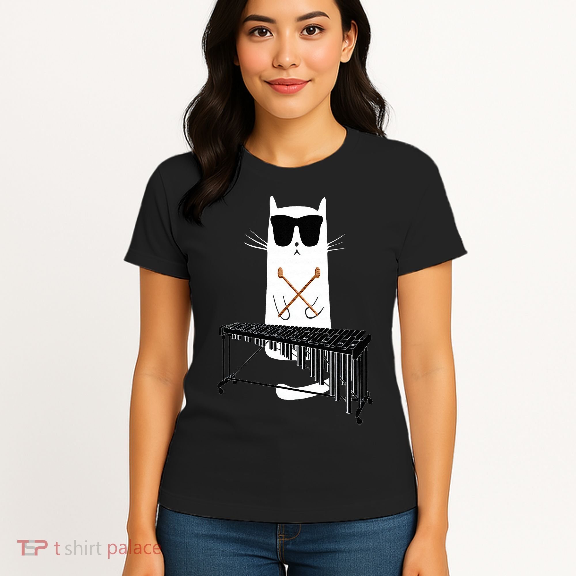 Funny Cat Wearing Sunglasses Playing Marimba Women's T-Shirt