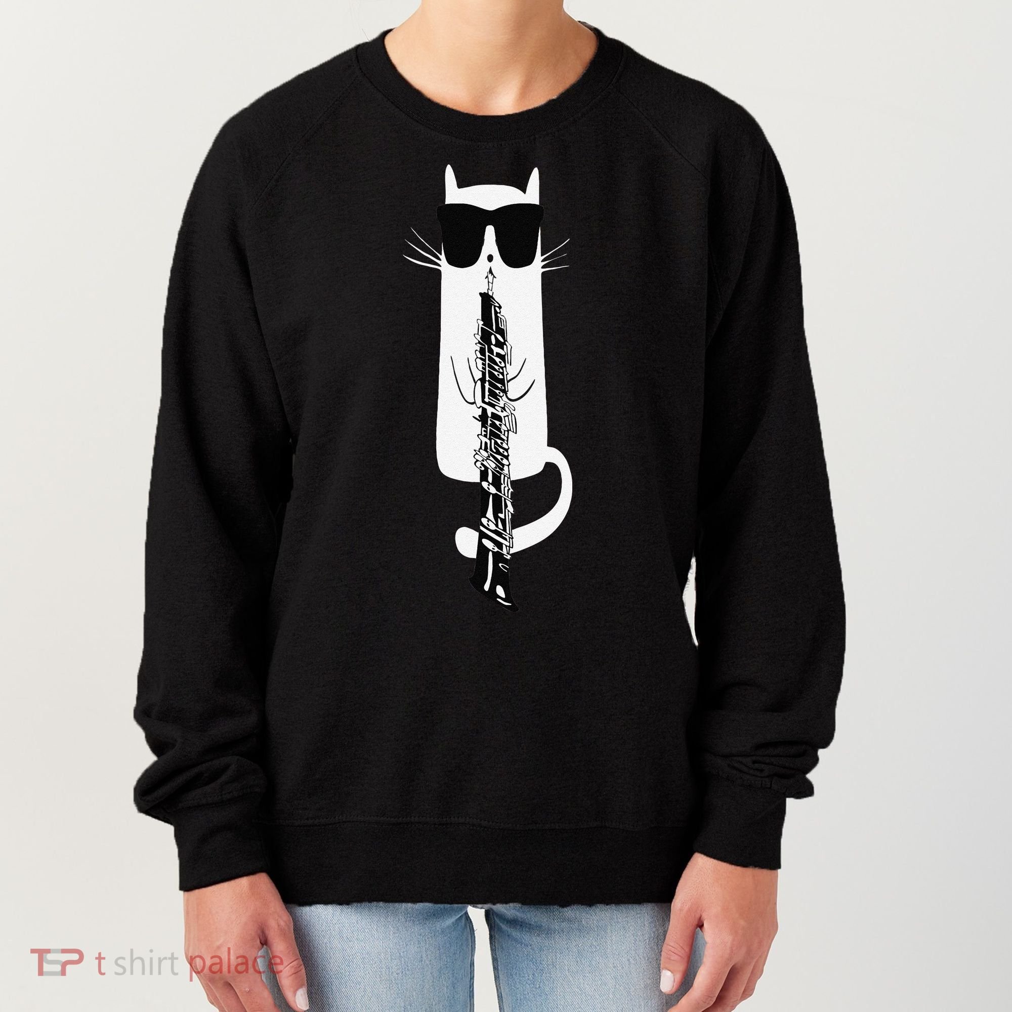 Funny Cat Wearing Sunglasses Playing Oboe Women's Sweatshirt