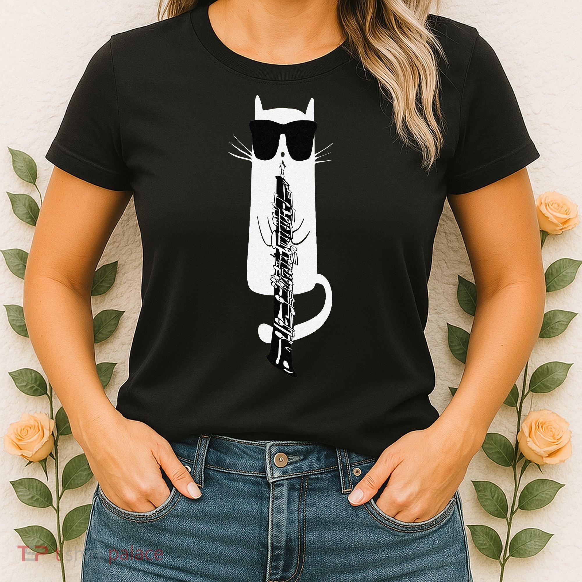Funny Cat Wearing Sunglasses Playing Oboe Women's T-Shirt