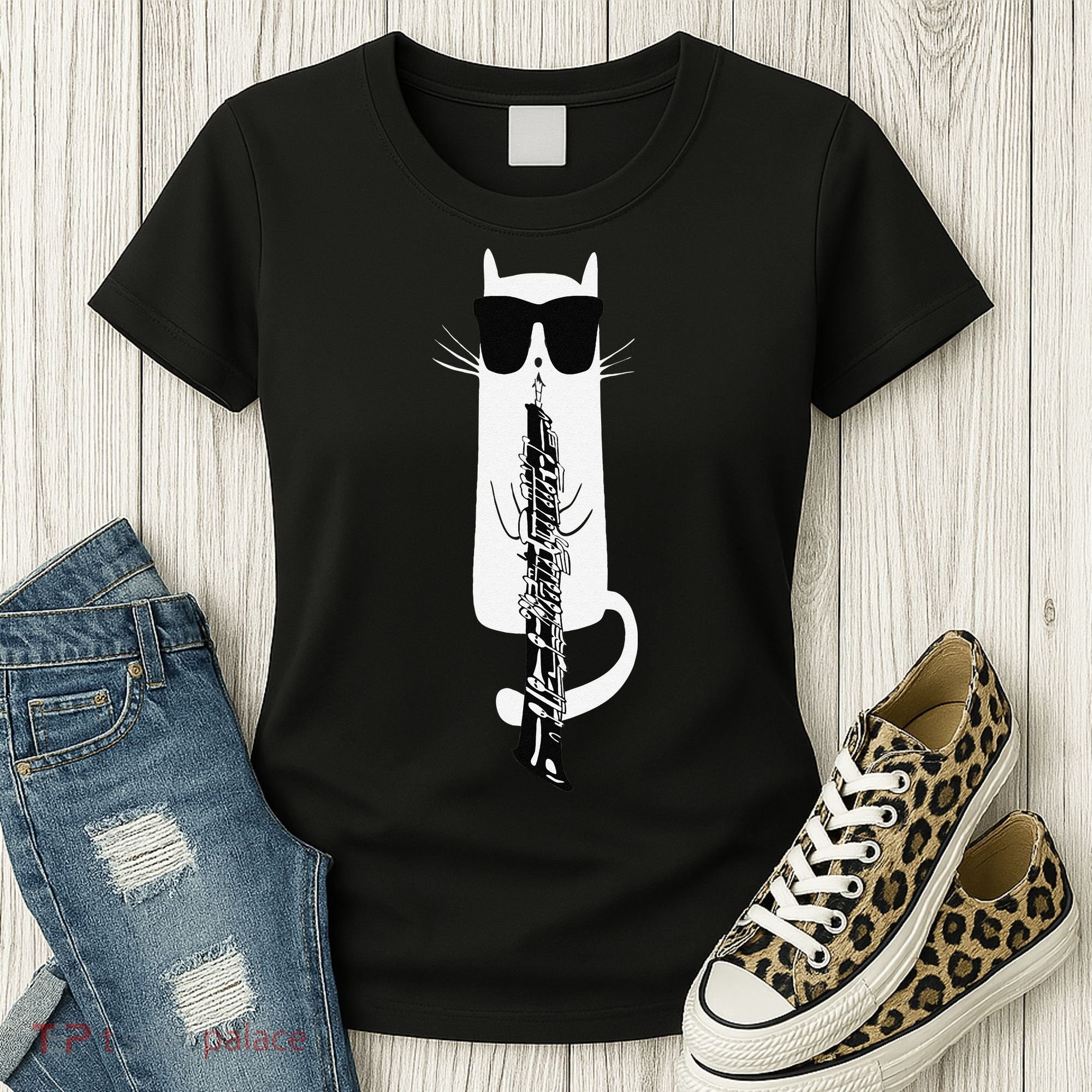 Funny Cat Wearing Sunglasses Playing Oboe Women's T-Shirt