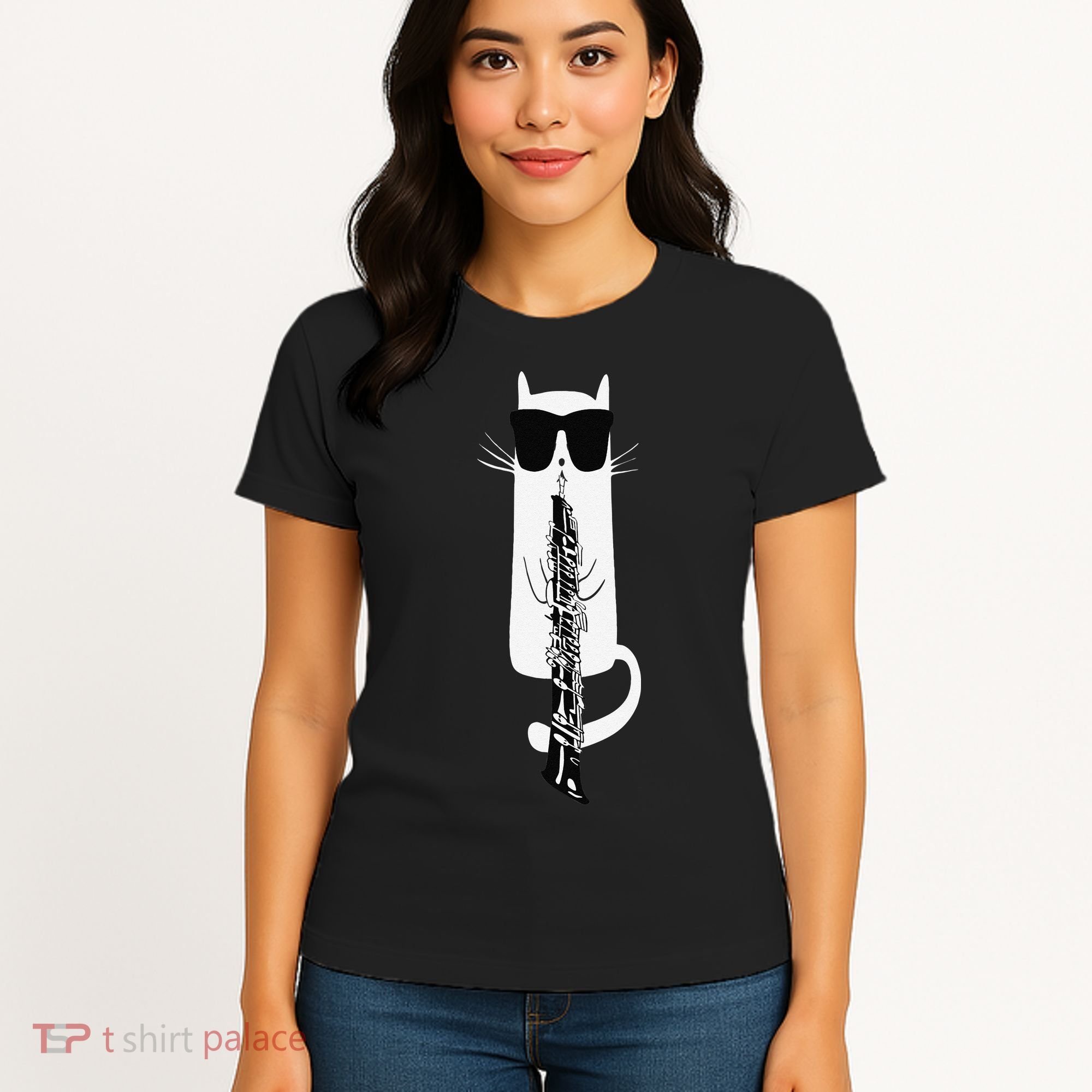Funny Cat Wearing Sunglasses Playing Oboe Women's T-Shirt