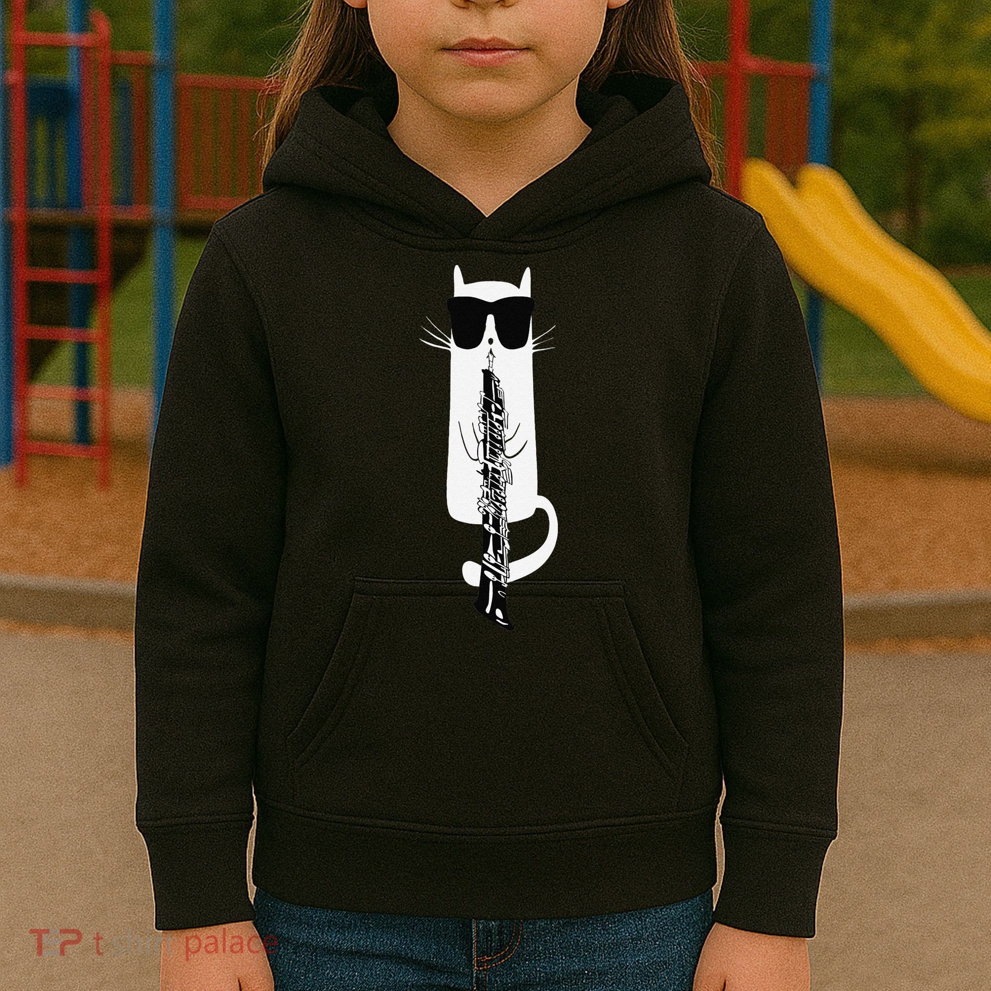 Funny Cat Wearing Sunglasses Playing Oboe Kids Hoodie