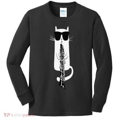 Funny Cat Wearing Sunglasses Playing Oboe Kids Long Sleeve Shirt