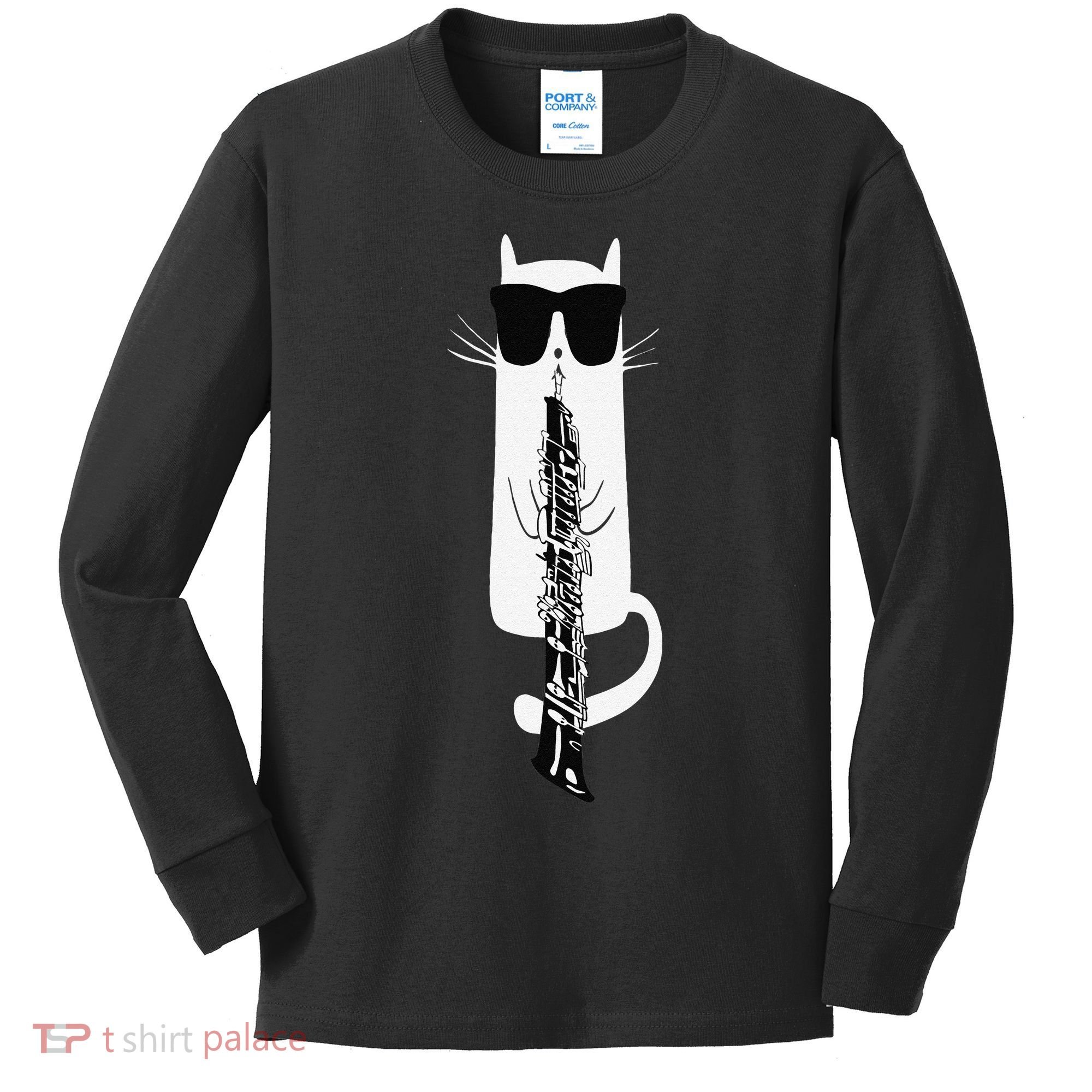 Funny Cat Wearing Sunglasses Playing Oboe Kids Long Sleeve Shirt