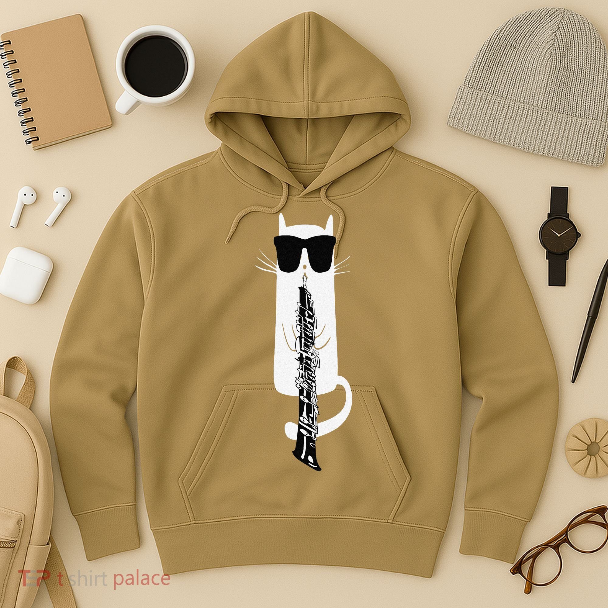 Funny Cat Wearing Sunglasses Playing Oboe Hoodie