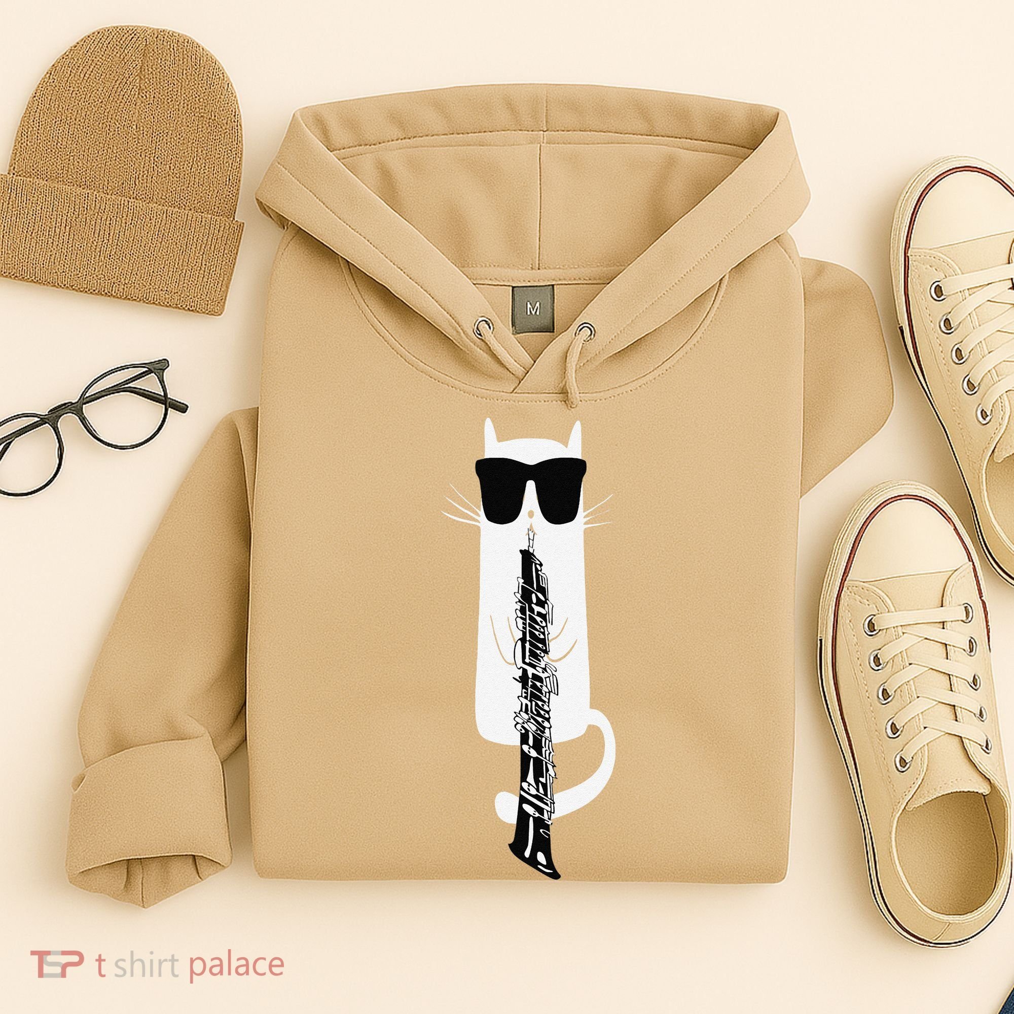 Funny Cat Wearing Sunglasses Playing Oboe Hoodie