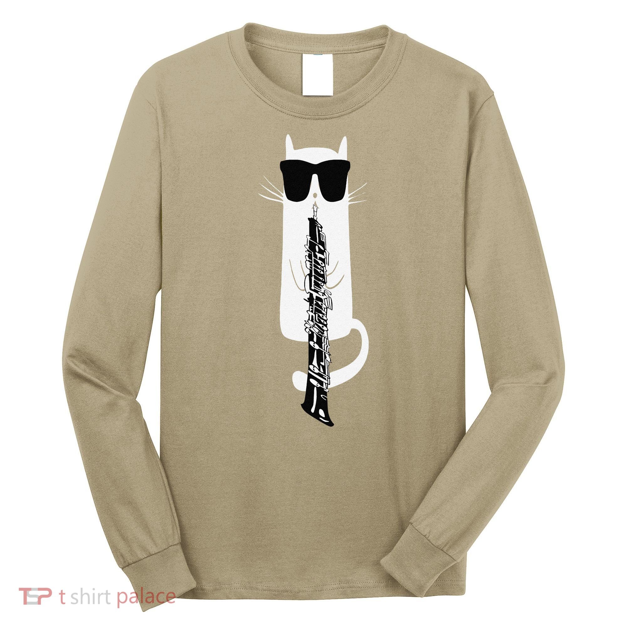 Funny Cat Wearing Sunglasses Playing Oboe Long Sleeve Shirt